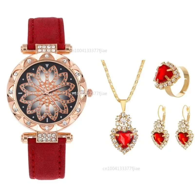 New Rose Gold Luxury Watch Women Ring Necklace Earring Rhinestone Fashion Wristwatch Casual Ladies Bracelet Reloj Mujer