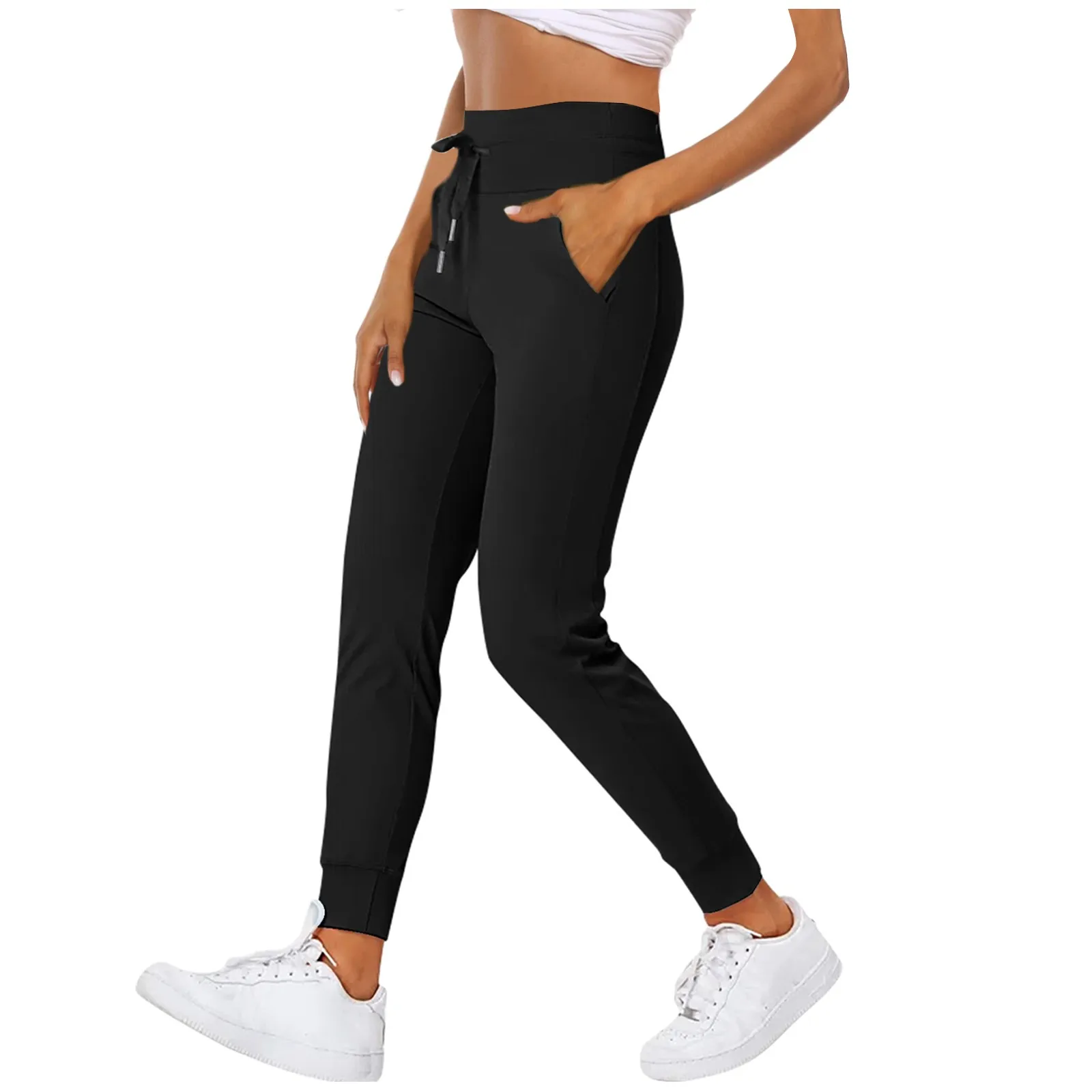 

Women High Waisted Pants Casual Drawstring Side Pocket Plain Cool Full Length Joggers Yoga Pants Daily Solid Color Basic Pants