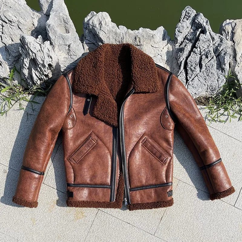 

2024 Factory New Fashion Winter Thick B3 Fur Integrated Men's Suede Lamb Coat male Motorcycle Slim Short Youth Jackets