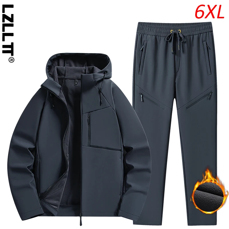 Winter Männer Outdoor Fleece Sporta nzüge Trainings anzug Männer Sportswear dicke Wandersets männliche Jogger Kapuzen anzug 2 Stück Jacken hose 6xl