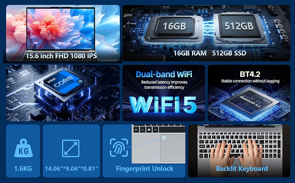 Xiaman 15.6" Laptop Computer Intel Core i3 Notebook PC Fingerprint Unlock Windows 11 Pro 16GB RAM 512GB 1TB SSD HD 1080P Laptops
