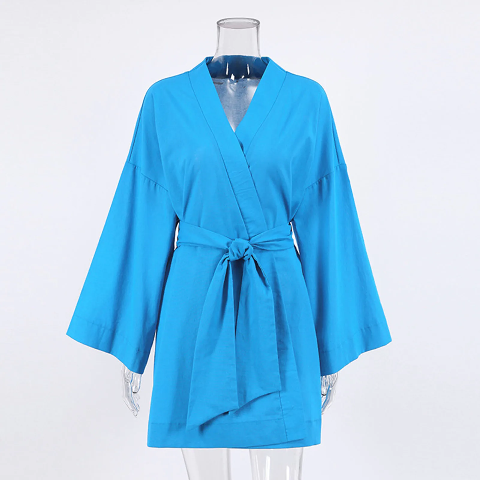 Women\'s V-Neck Kimono Cardigan Mini Dress Cotton Linen Long Sleeve Sashes Dresses Robe Style Lace Up Summer Loose Vestidos