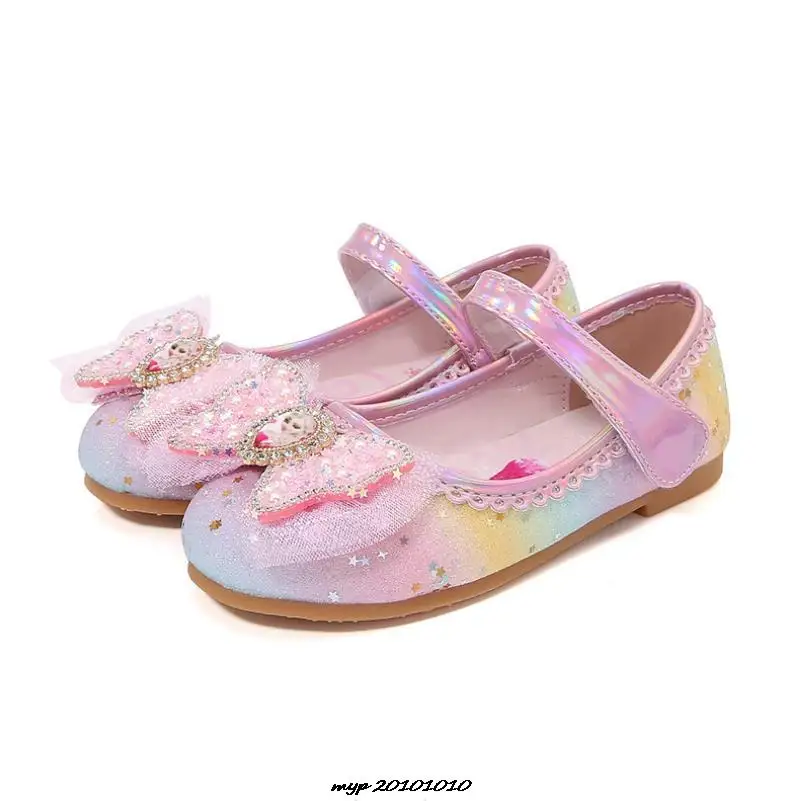 Disney Princess Kids Leather Shoes For Girls Frozen Elsa Glitter Crystal Children Flat Heel Girls Single Shoes Butterfly Shoe