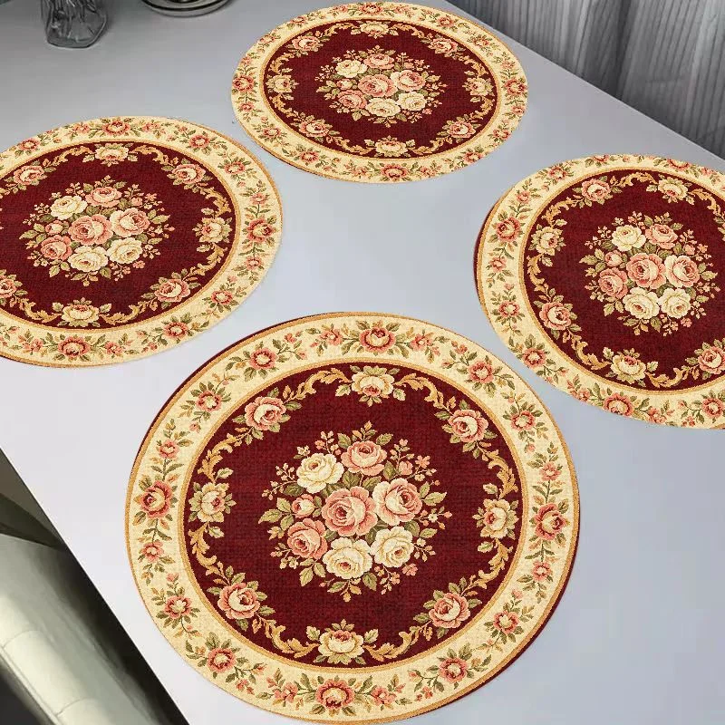 VIKAMA European Retro Wine Red Estate Rose Round Linen Placemat Insulation Wear-Resistant Table Mat Desktop Decoration