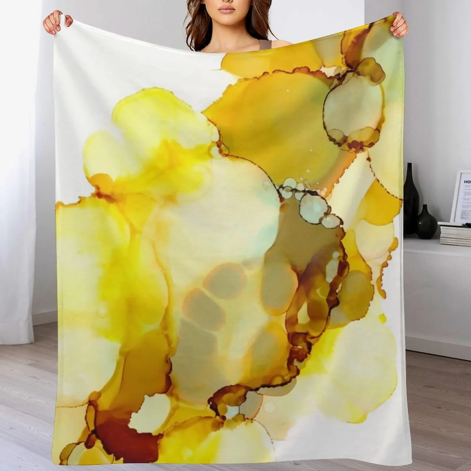 

Yellow & Grey Artwork | Alcohol inks Throw Blanket Stylish Couch Blanket for Home Living Room