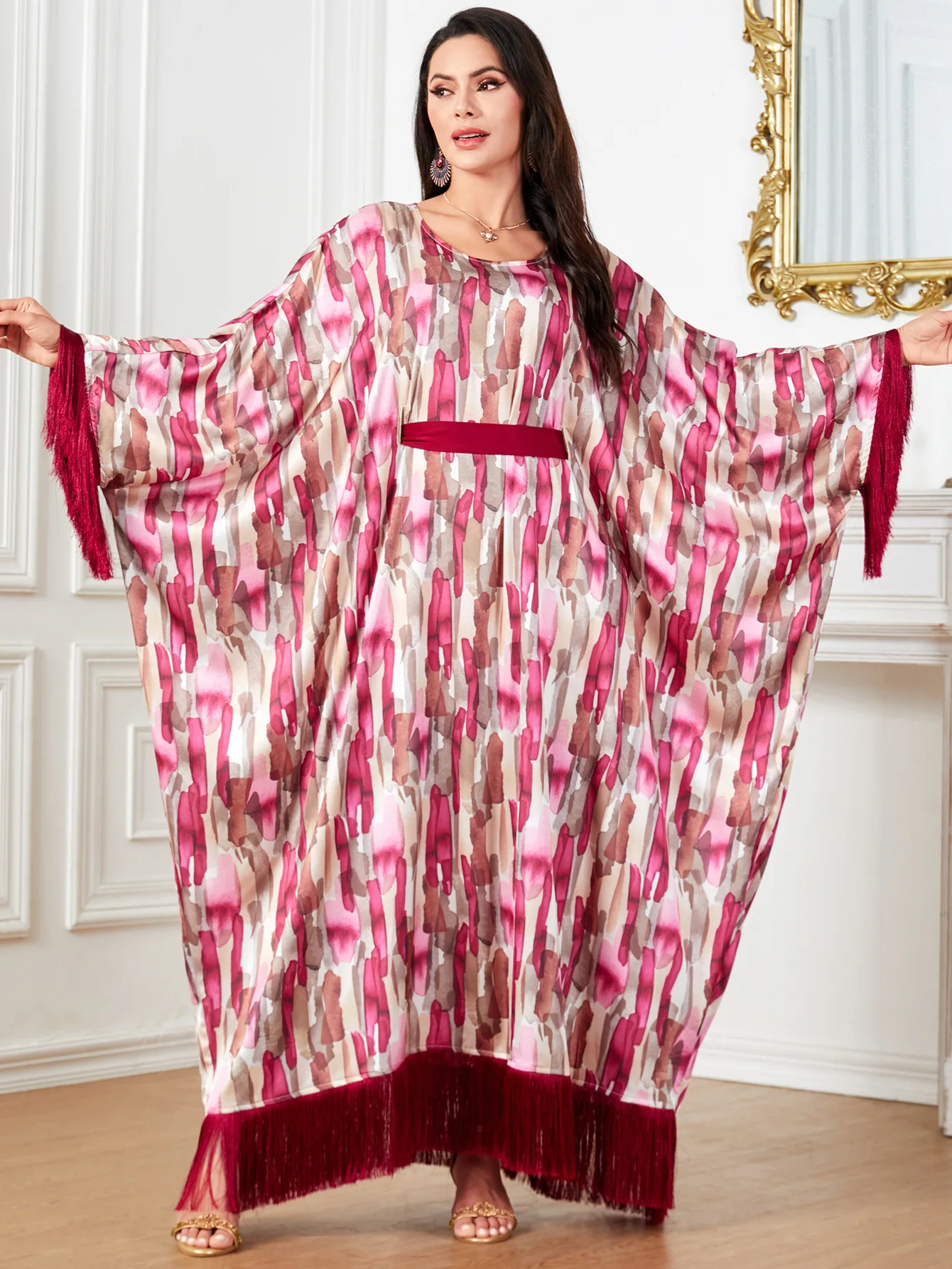 

Tassel Djellaba Eid Ramadan Women Muslim Batwing Dress Print Kaftan Dubai Abaya Turkey Robe Jalabiya Gown Caftan Marocain Femme