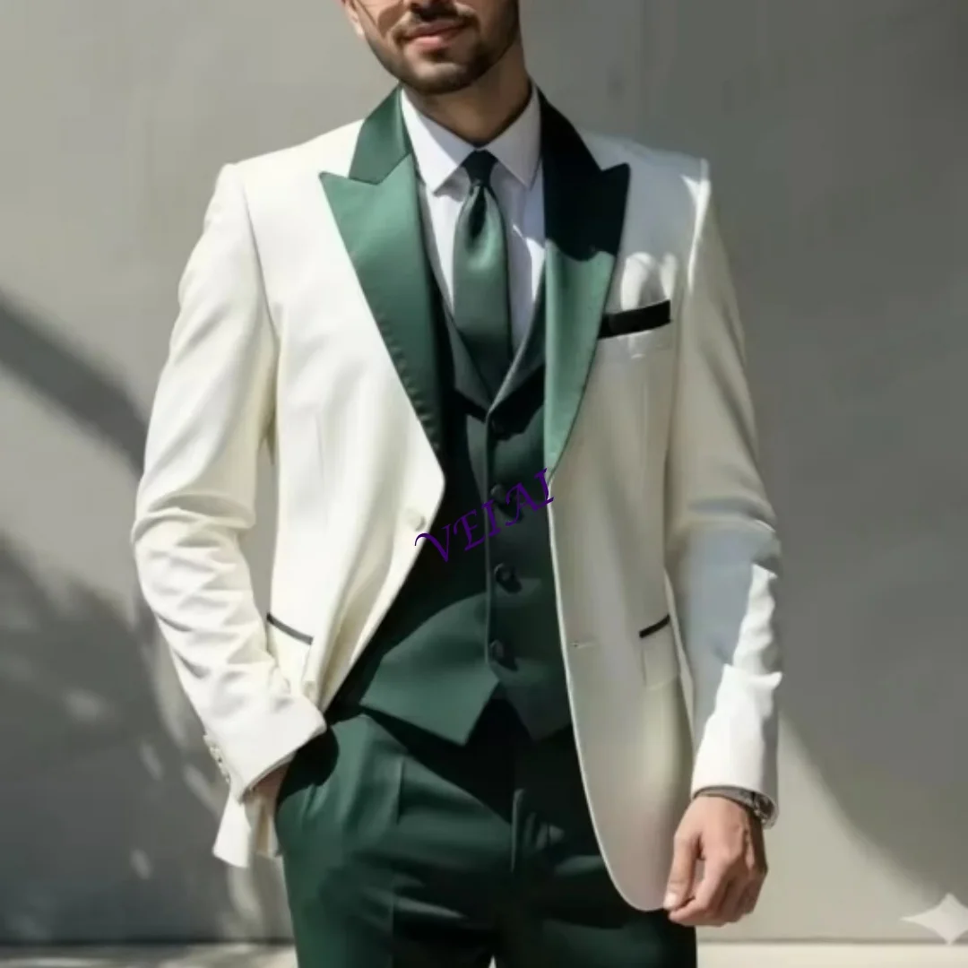 

Новый белый и темно-зеленый мужской костюм по индивидуальному заказу, свадебная вечеринка, формальный жених, жених, выпускной, деловой мужской смокинг, комплект из 3 предметов, куртка V