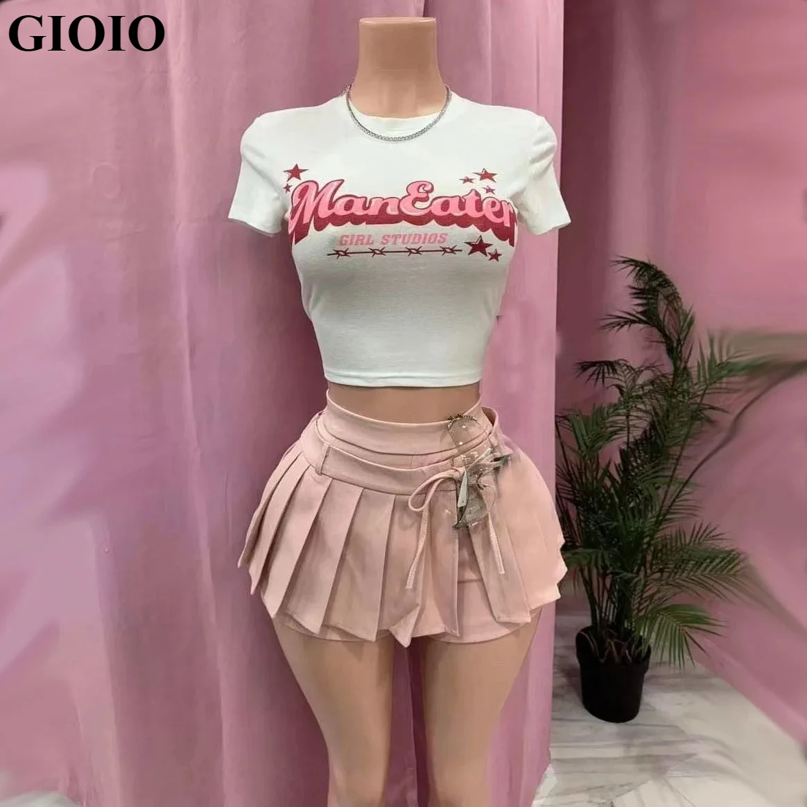 GIOIO Conjuntos de dos piezas de moda para mujer, faldas sexys para discoteca, trajes, camiseta de manga corta + minifalda plisada