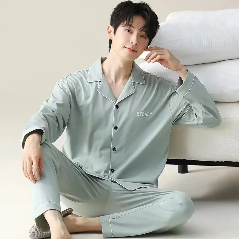 

Мужские хлопковые пижамы, мужской комплект домашней одежды с длинными рукавами для весны и осени, тонкий, молодежный.