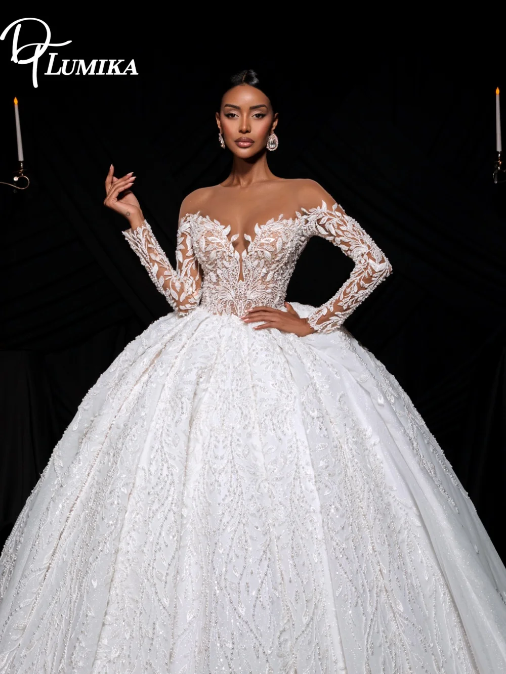 

Luxury Sheer Illusion Ball Gown Wedding Dress Long Lace Sleeves Intricate Floral Sparkling Beaded Bride Dress Vestido De Novia