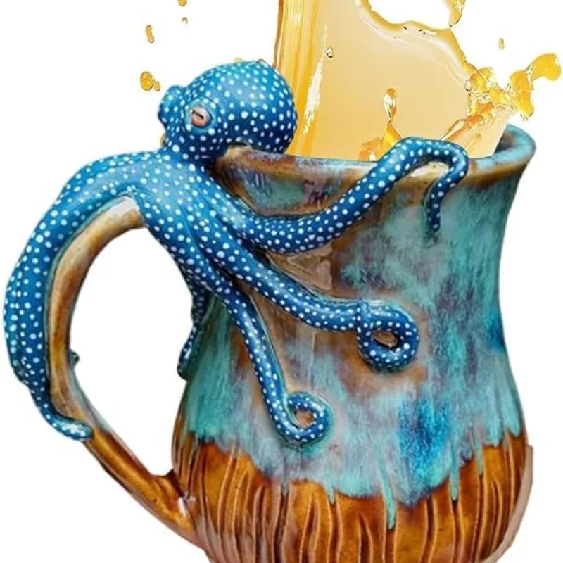 Taza de pulpo azul profundo con delineador o sin forro, taza de café expreso con marca creativa, decoración del hogar, vajilla artesanal para café y té