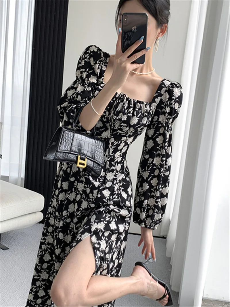 

French square neck bubble sleeve casual slim fit floral dress for women's 2024 spring autumn new chiffon style long dress XOLI