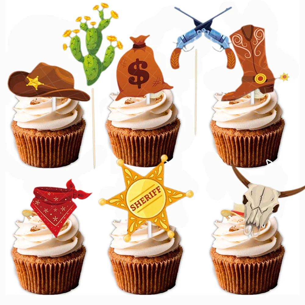 

24PCS Western Cowboy Cupcake Toppers Birthday Party Baby Shower Cowboy Bull Riding Bull Rider Competition Theme Picks Cake Decor