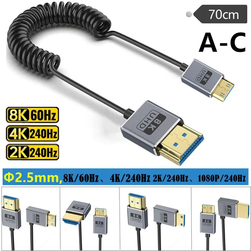 8k@60HZ Scalable Coaxial Ultra-Thin OD2.5mm Digital Camera Mini HDMI Compatible Male to H-DMI 2.1 Version High-Definition Cable