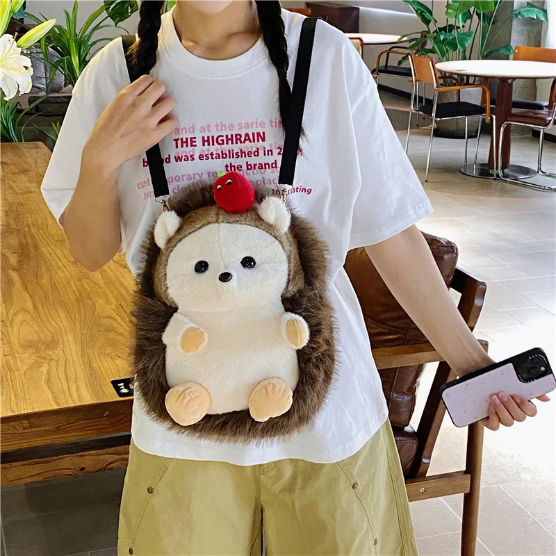 New Cartoon Plush Apple Hedgehog Backpack Cute Sweet Simulation Animal Hedgehog Plush Stuffie Children’s Backpack Birthday Gift