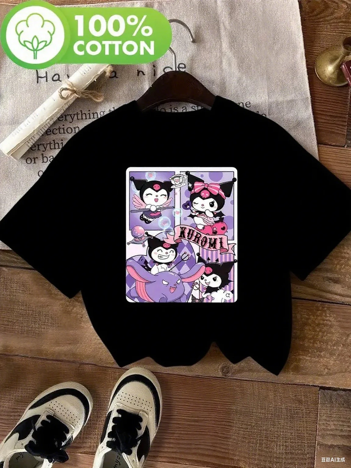 تي شيرت قطني مطبوع عليه رسوم كارتونية من Kuromi، نمط ممتع ومرح للمظهر اليومي، تي شيرت عصري مطبوع من القطن الخالص بأكمام قصيرة