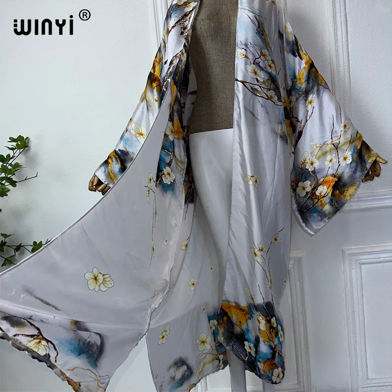 WINYI summer kimono Africa print beach wear women Swim Suit elegant African women boho Cardigan sexy Holiday silk feeling dress