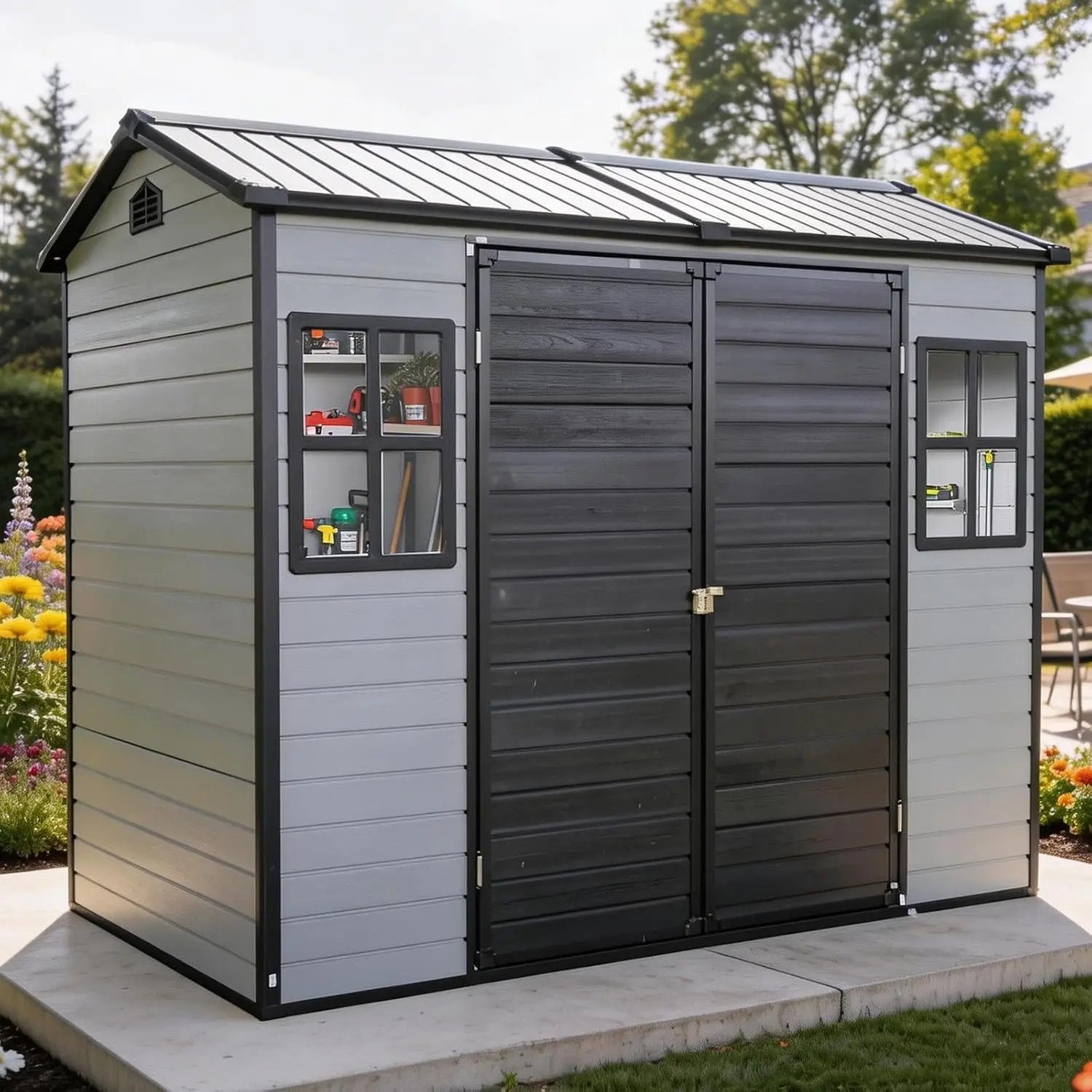 8x4 FT Resin Storage Shed with Floor & 2 Windows, Plastic Outdoor Shed for Furniture, Tools, Mower, Bike, Black+Grey, Customized
