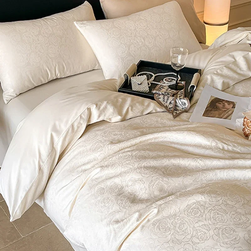 Light Luxury Satin Jacquard Solid Fitted Sheet Sets Pure Cotton Skin-Friendly Soft Quilt Cover 1.5/1.8M Bed Bedding for Adults