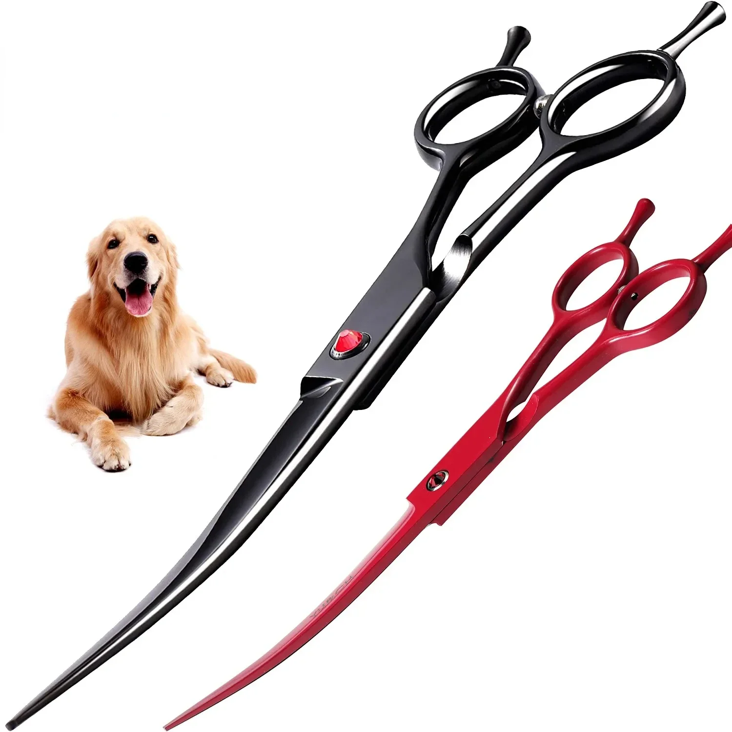 

Efficient and modern curved stainless steel pet grooming scissors for stubborn tangles and dense coats. Precise control and effo