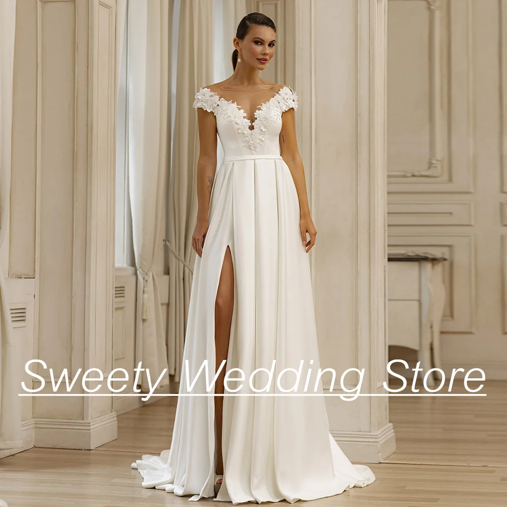 Flowers Wedding Bride Dresses Cap Sleeve Scoop Neck Customized Slit Satin Bridal Gown Sweep Train Backless Vestido Novia