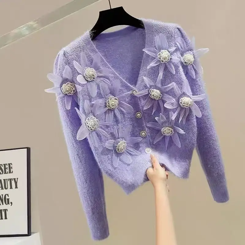 

Женский вязаный кардиган с 3D цветами, свитер с жемчугом и бисером, пальто, свободная норковая кашемировая куртка с цветочным принтом, трикотажные топы с v-образным вырезом и длинными рукавами