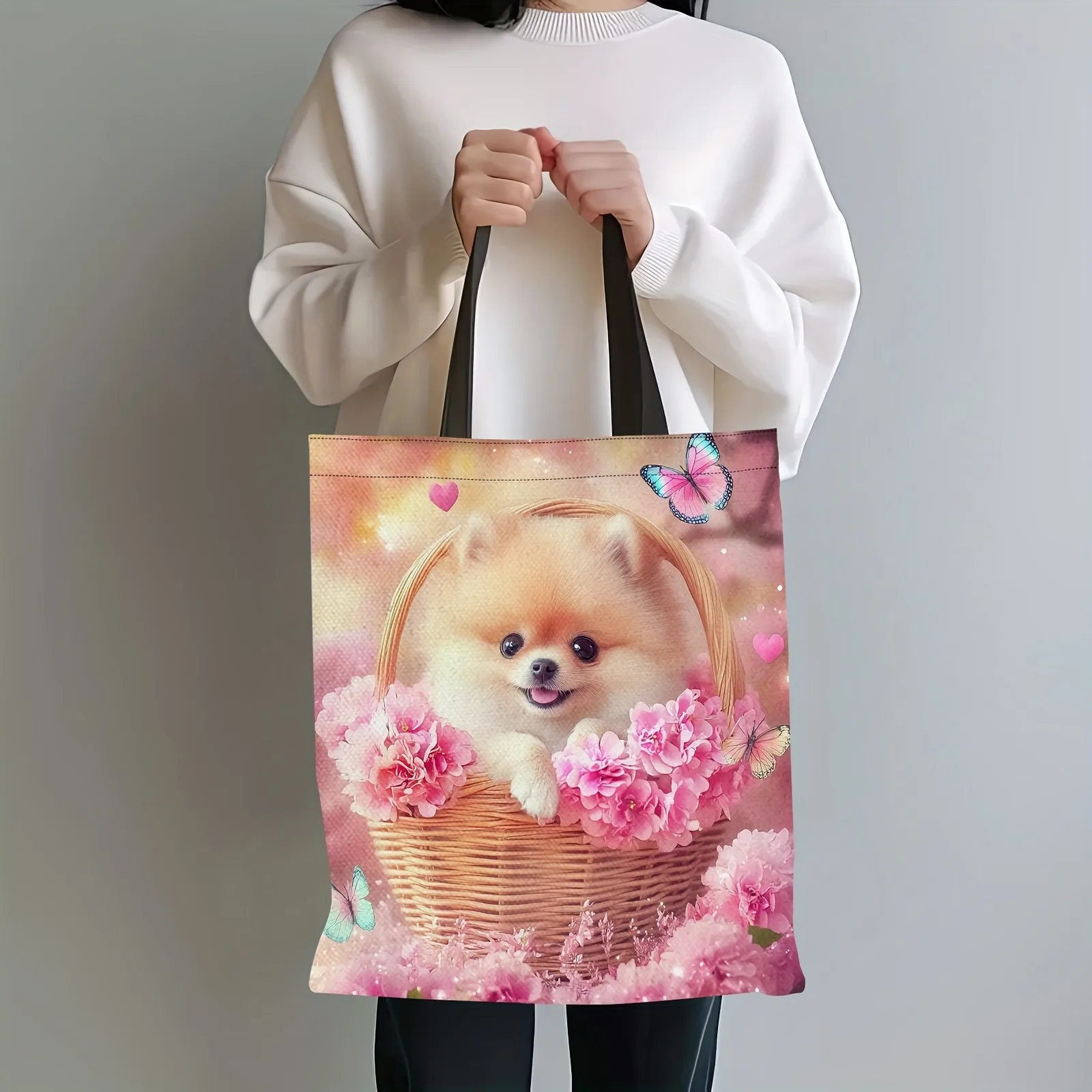 A Cheerful Pomeranian Dog Handbag Pink Flower Basket Print Tote Bag Large Capacity Canvas Shopping Practical Shopping Bag