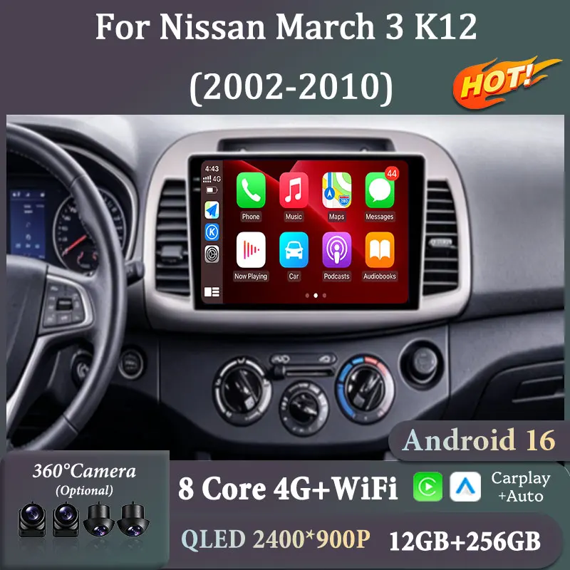 9 Inch QLED Car Multimedia Player For Nissan March 3 K12  2002-2010 Android 16 Radio GPS Navigation Tools BT 4G DSP Split Screen