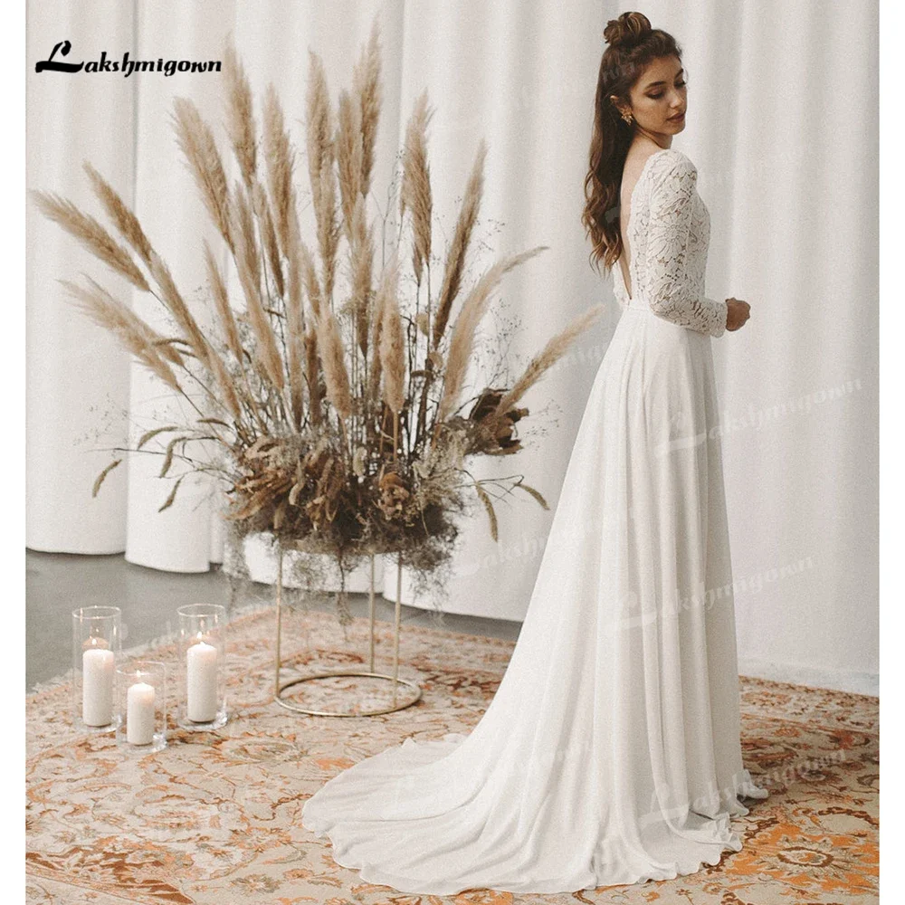 2025 Boho O-Collo In Pizzo Maniche Lunghe Sexy Aperto Indietro Chiffon Una Linea Abito Da Sposa Semplici Abiti Da Sposa Sweep Abiti Da Sposa Robe