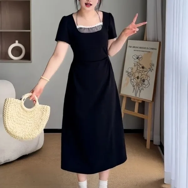 

Neck Plaid Splicing Short-sleeved Dress Women's Summer A-shaped Skirt