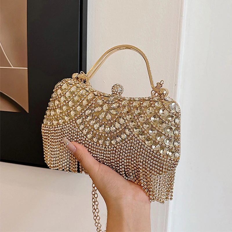 

Box Handbag Dazzling Large Capacity Wrist Bag Rhinestone Clutch Bag High Quality Metal Top Handle Bag For Party Dinner Wedding