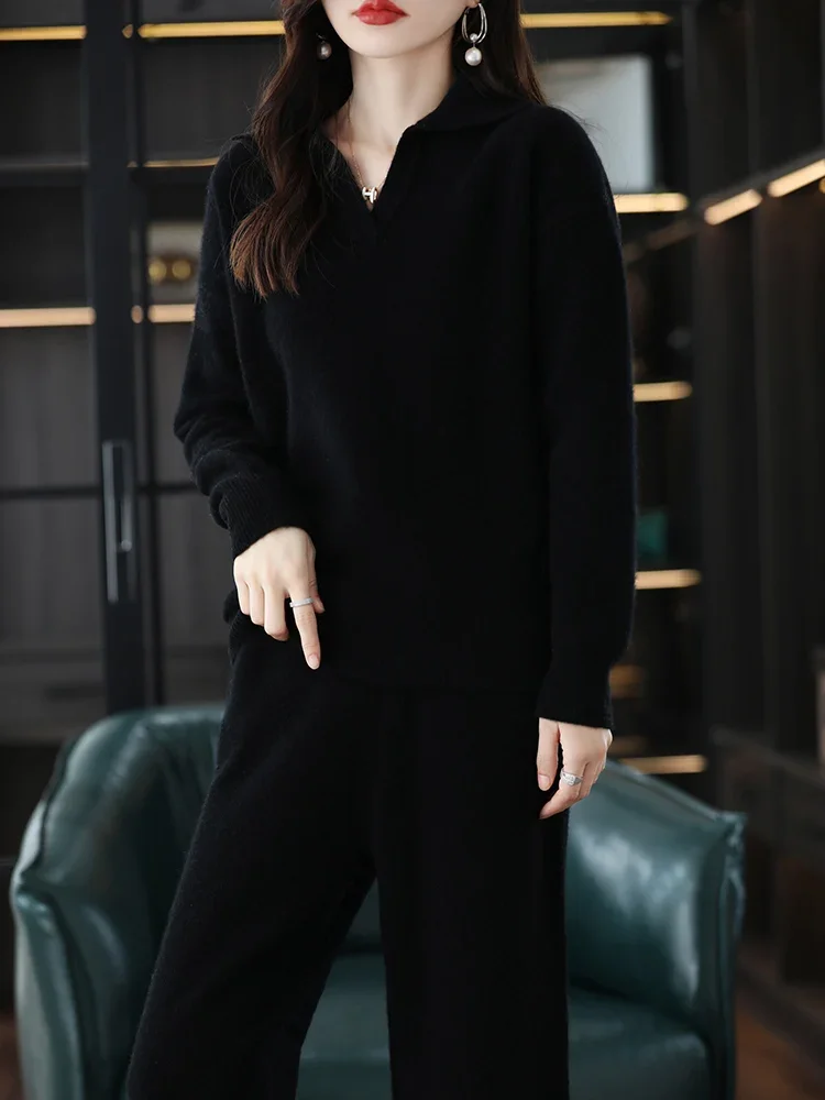 New Cashmere Suit Female Lapel Korean Version of Senior Casual Sweater Wide-Leg Pants Wool Knitted Two-Piece Suit