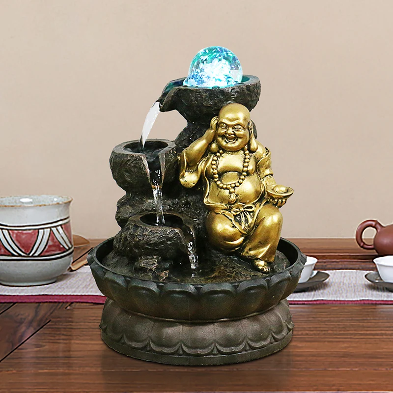 Imagem -02 - Água e Som Relaxamento Tabletop Fountain Estátua Zen Buddha Riqueza Desktop Water Fountain Luz Led Lucky Crystal Ball