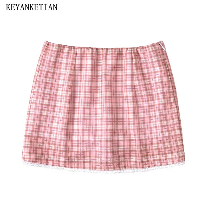 

KEYANKETIAN 2024 New Launch Women's Lace Patchwork Plaid Skirt Summer Y2K Hot sweet Side Zipper Low Fanny Pack Hip Mini Skirt