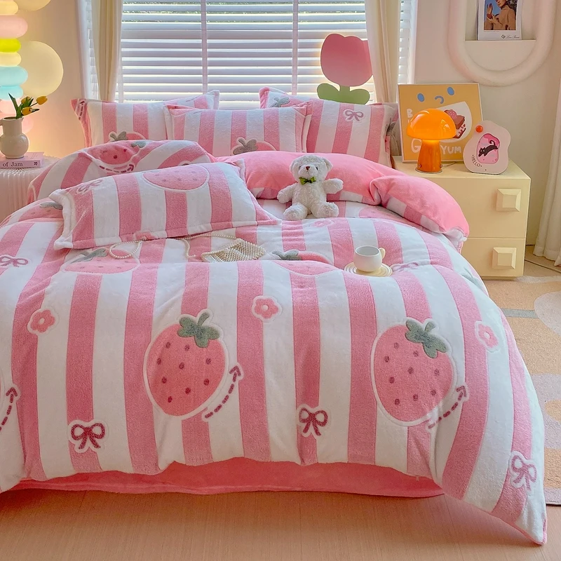 1PC Pink White Striped Strawberry Bow Flannel Duvet Cover, Cute Pattern Soft Bedding for Bedroom Decor