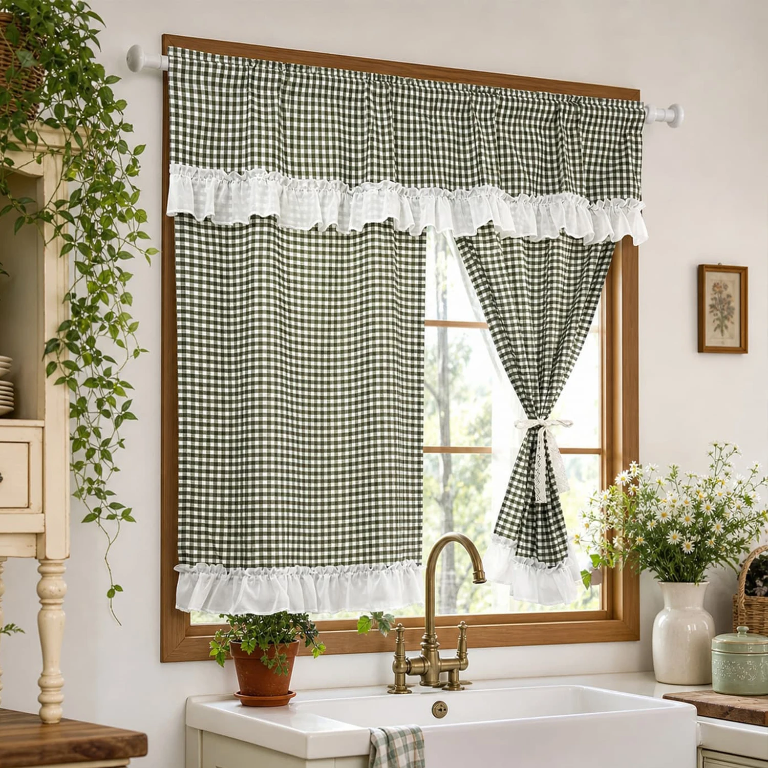 Country Plaid Ruffled Window Curtain Set, Easy Install Privacy Curtains for Vacation Home Kitchen Xmas Decoration