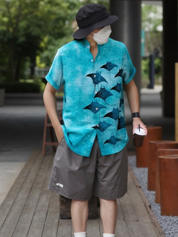Bohemian Sea Men's Manta Rays Art Print Linen Blend Casual Shirt Young Japanese Single Breast Short Sleeve Summer Spring Blouses