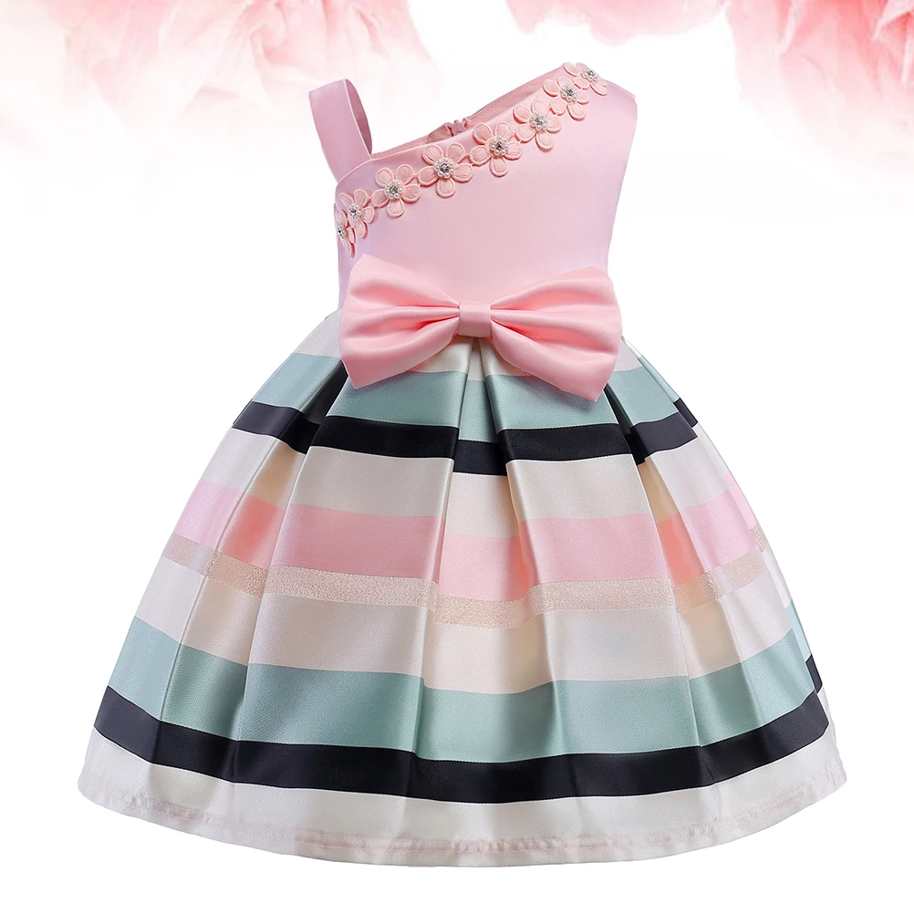 

1Pcs One-Shoulder Child Dress Pink 130cm Comfortable Cotton Lining Polyester Outside Eye-Catching Horizontal Stripe Kids Skirt