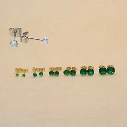 Size 3mm to 8mm 316L Stainless Steel Green Color Round Zircon Stud Earrings No Fade Allergy Free Brief Jewelry