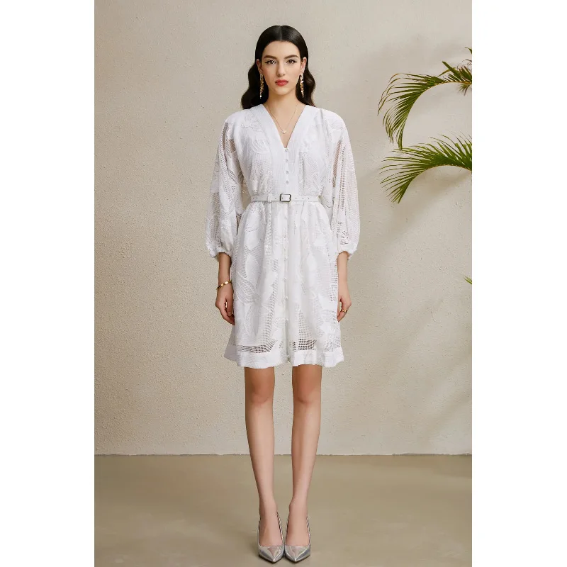 카롤리나2025 초가을 레이스 버블 슬리브 V넥 홀리데이 드 스트리트 슬레 미드하이 웨이스트 램 벨벳 겨울 롱 슬리브...