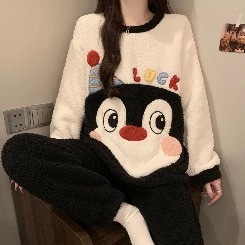 Half Fleece Pajamas Women's Fall and Winter Thickened Warm Cartoon Cute Coral Fleece Can Be Worn Outside Pajamas Loungewear Set
