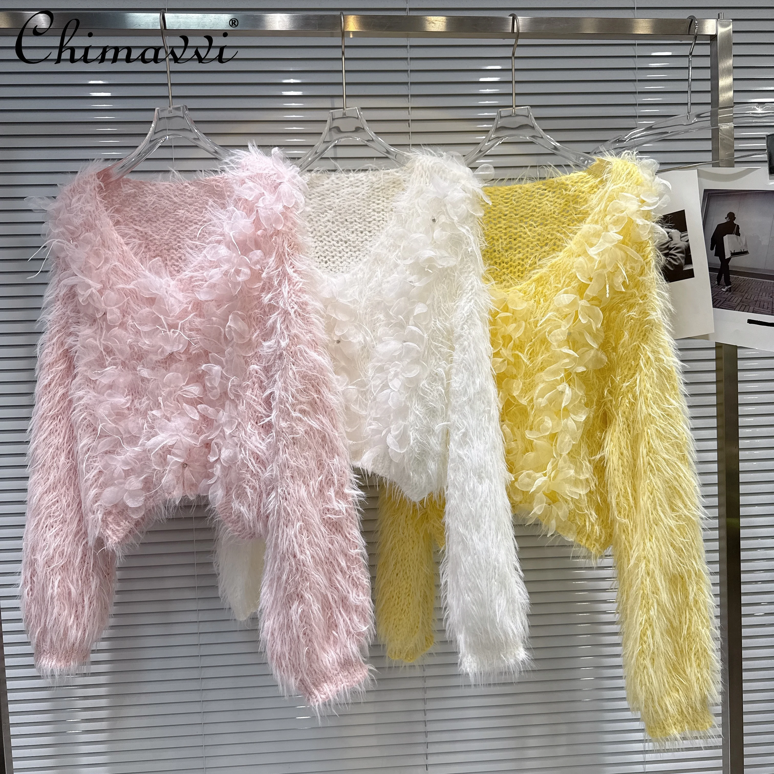 

French Elegant Sweet V-neck Long Sleeve Mesh 3D Flower Furry Patchwork Loose Casual Knitted Sweaters Pullovers for Women Autumn