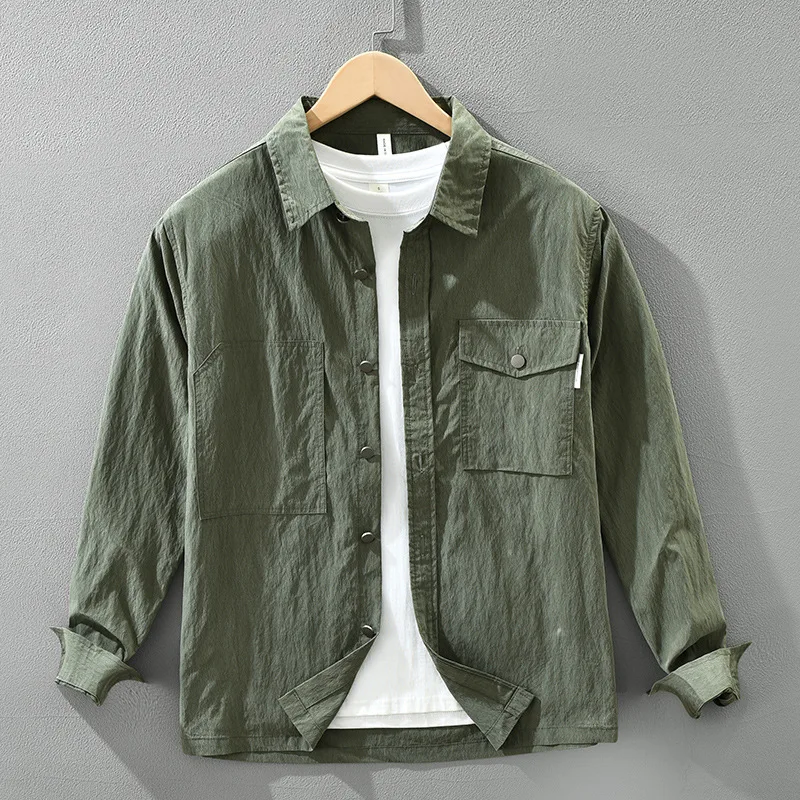 

Spring and Autumn Japanese workwear trend solid color long sleeved shirt men's fashionable versatile artistic casual loose top