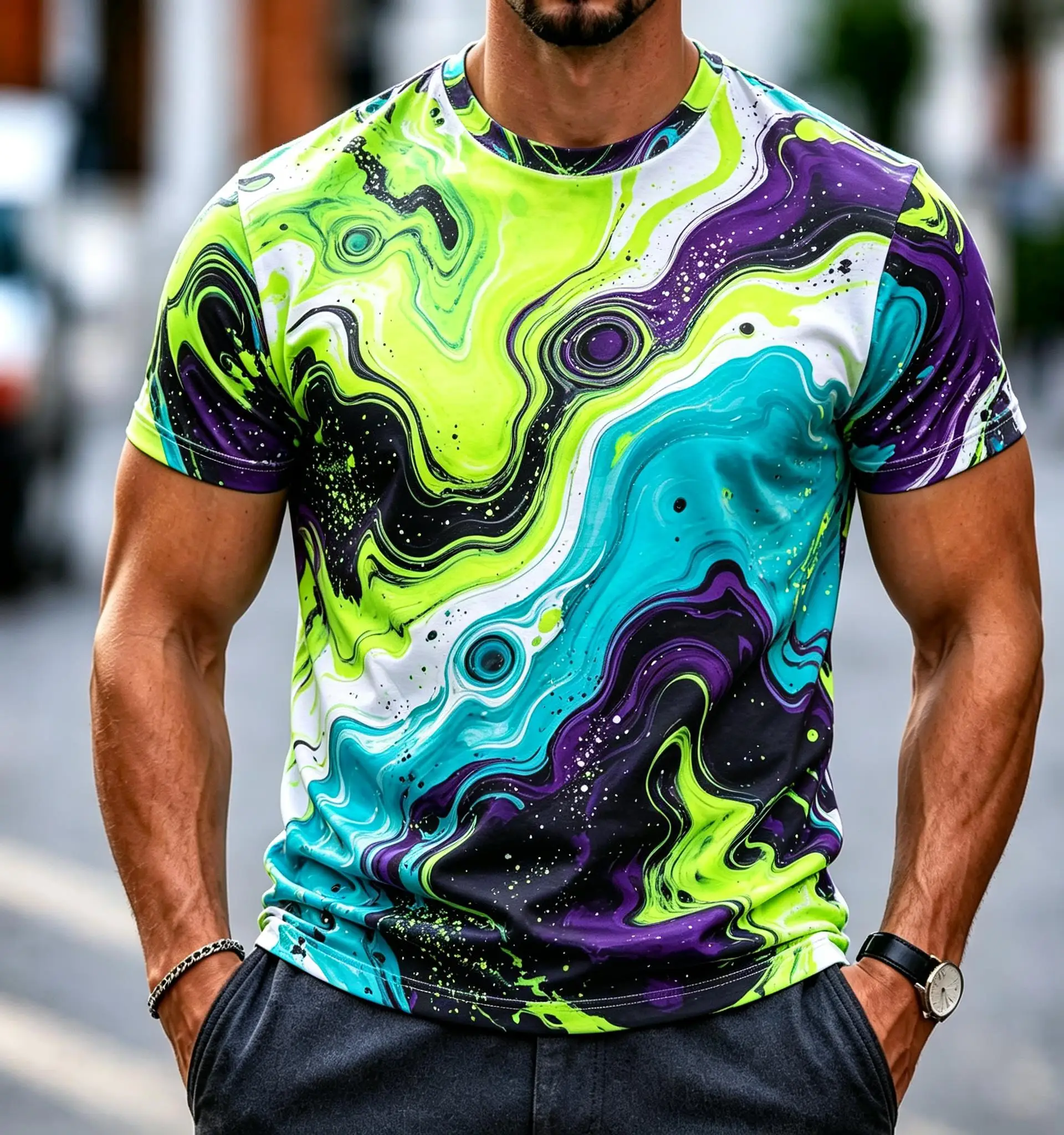 Men Crew Neck Short Sleeve Tee, Colorful Fluid Marbling Pattern Allover Print Summer Top