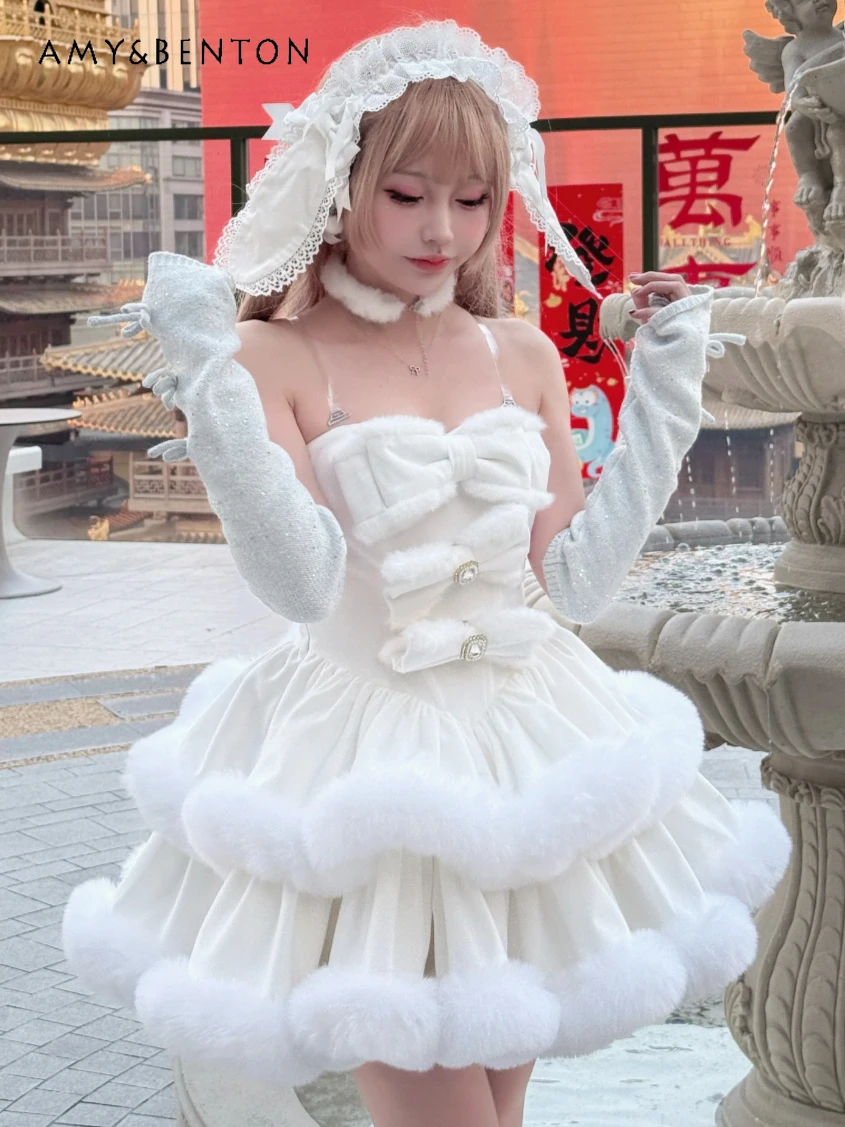 Graceful Elegant Ballet Style Princess Puff Evening Dresses Autumn Winter Off-Shoulder Strapless Plush Multi-Layer Mini Dress