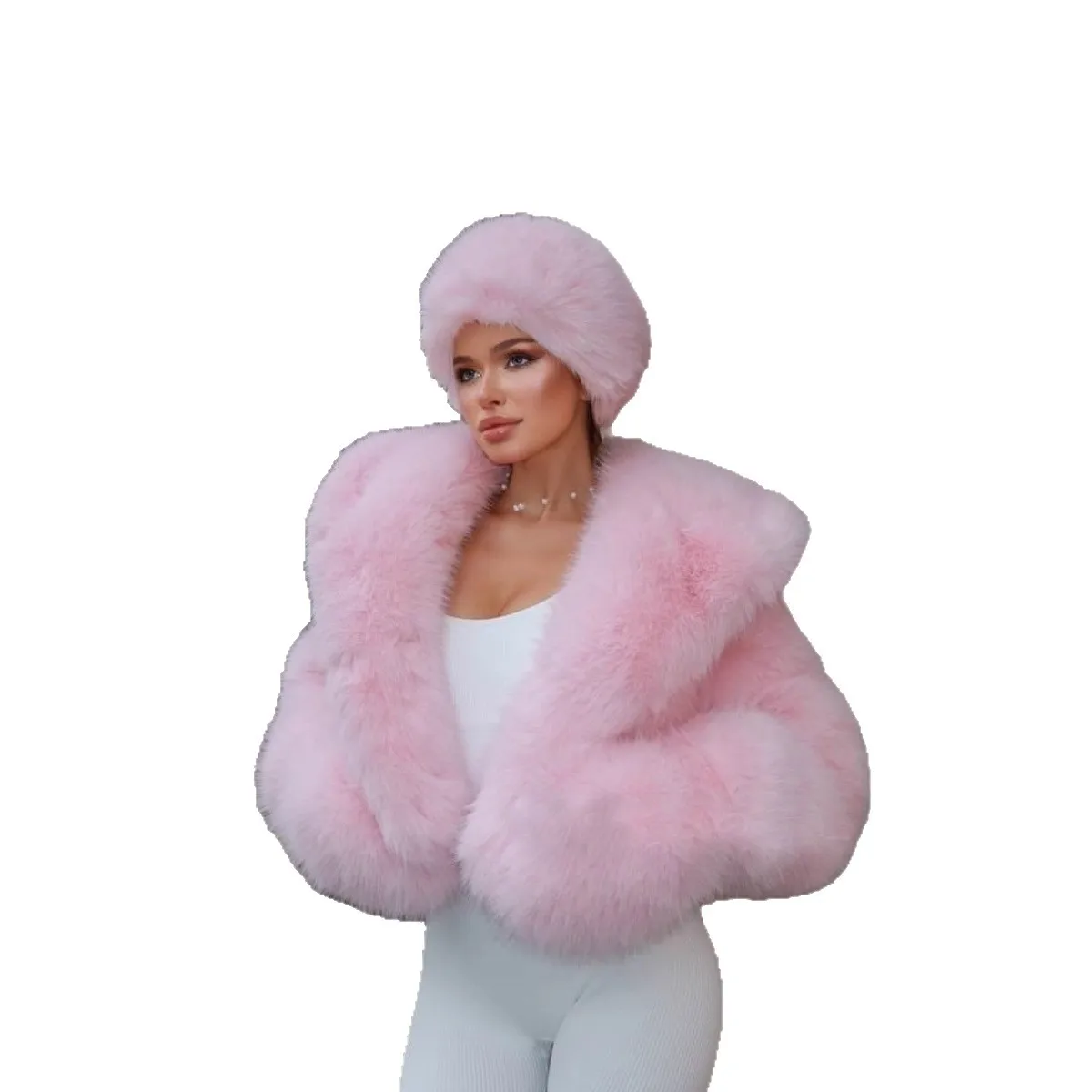 Women Pink Winter Artificial Fur Outwear Elegant Big Fur Trim Hood Female Imitation Fur Coat Cropped Sweet Lady Coat