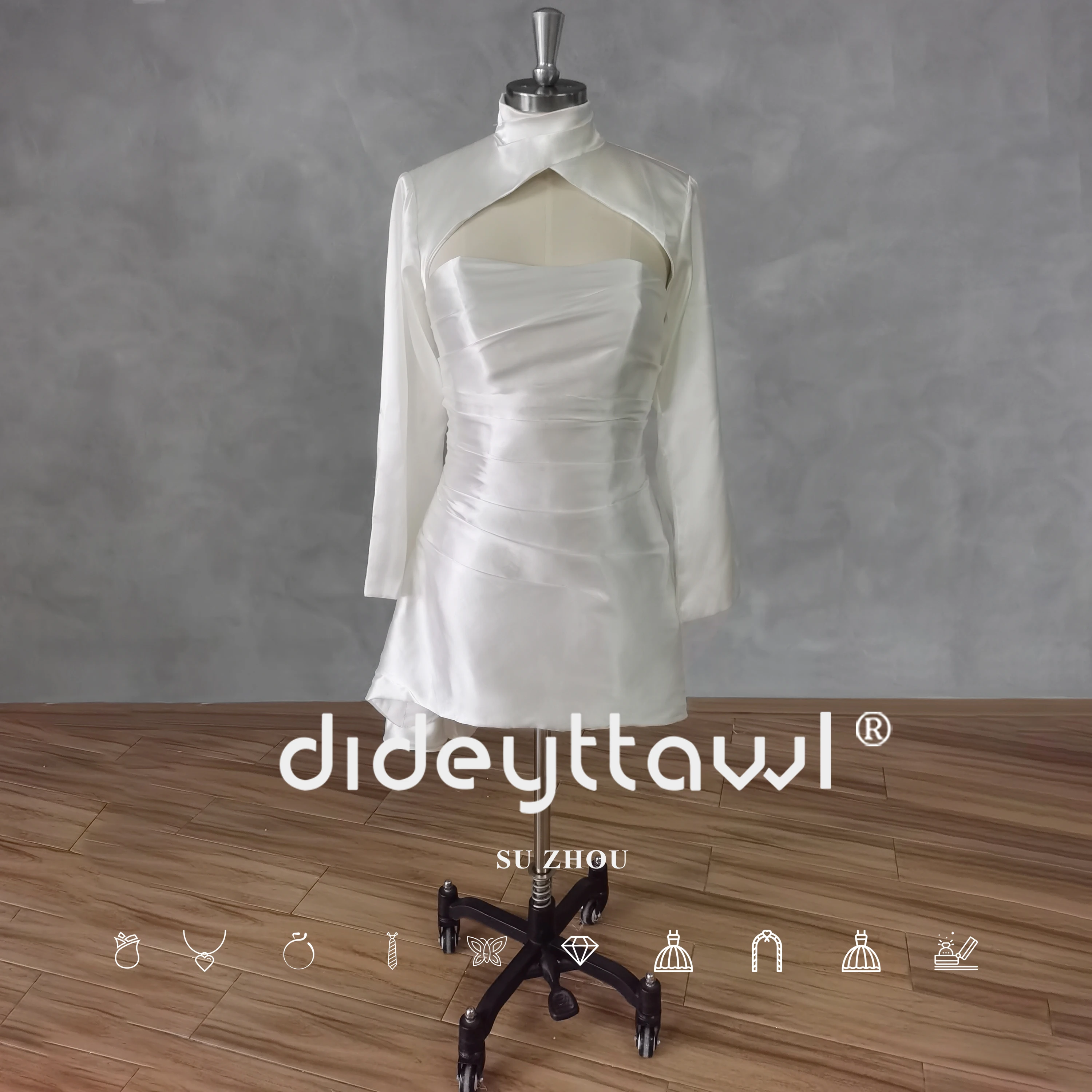 DIDEYTTAWL-Mini vestido de casamento com zíper, imagem real, gola alta, recortado, mangas compridas, pregas, curto, costas, acima do joelho, vestido de noiva