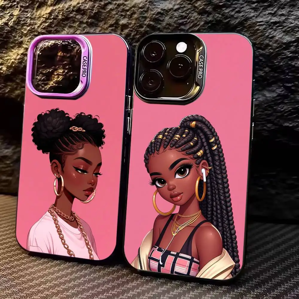 

Black Girl A-Afro Phone Case For iPhone 17, 16,15,14,13,12,11 Plus,Pro Max, Colorful Silver Funda Cover