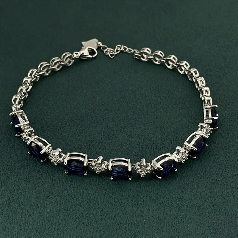 925 Sterling Silver Bracelet Silver Blue Zircons Round Ladies Fashion Simple Bracelet Birthday Wedding Anniversary Jewelry Gift