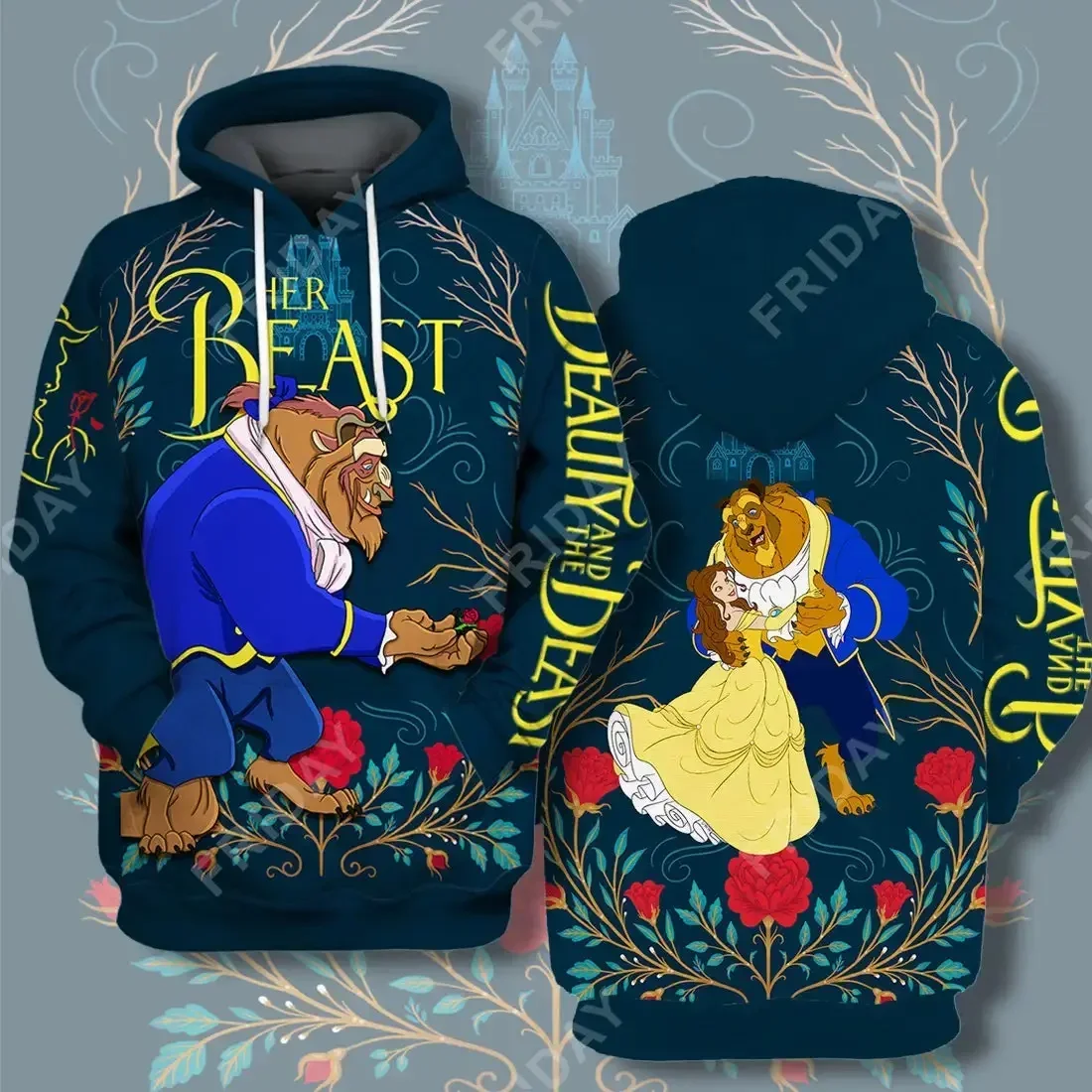 Beauty and the Beast Boy Girls Hoodie Belle Princess Hoodie 3D Printed Disney Pullover New Men\'s Hoodie MINISO Men\'s Clothing